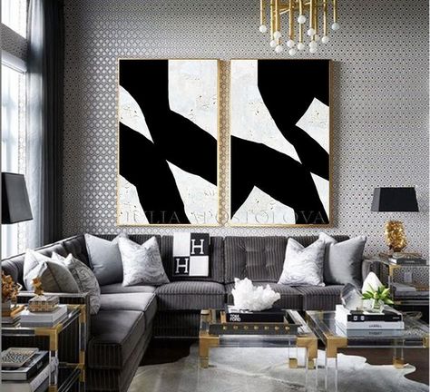 Black White And Gold Wall Decor, Grey Black And White Living Room Ideas, Black White And Grey Living Room, Black And White Living Room Ideas, Black And Gold Living Room, Black And White Living Room Decor, Black White Painting, White Living Room Decor, Black White Canvas