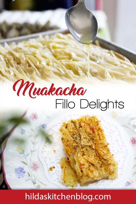 A Middle Eastern dessert of buttery fillo dough, drenched in sweet custard. #muakacha #pastry #hildaskitchenblog Assyrian Recipes, Crinkle Cake, Middle Eastern Dessert, Phyllo Recipes, Sweet Custard, Hot Snacks, Arabic Desserts, Syrian Food, Middle Eastern Desserts