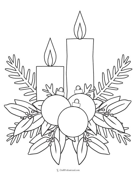 Christmas candles with ornaments and evergreen wreath to color. Plus 9 more printable holiday coloring pages! Easy Coloring Pages Christmas, Christmas Embroidery Wreath, Christmas Coloring Pages Adult, Xmas Templates Free Printable, Wreath Printable Free, Christmas Cards With Candles, Vintage Christmas Coloring Pages, Nativity Coloring Pages Printables Free, Christmas Candle Drawing