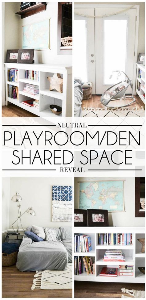 a shared playroom and den - love the neutral decor that's fun for kids but not too child-like. great neutral den for a family home Shared Playroom And Family Room, Playroom Den Ideas, Den Playroom Ideas, Kids Den Ideas, Family Den Ideas, Den And Playroom Combo, Den Playroom Combo, Neutral Den, Living Room Playroom Combo