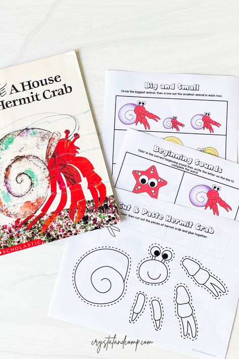 We've got a fun free printable pack for you that is perfect for summer. This three page download is inspired by the children's book, A House for Hermit Crab. The activities include beginning sounds, a crab craft as well as a big and small worksheet. Eric Carle Worksheets Free Printable, Hermit Crab Art Preschool, Eric Carle Hermit Crab Craft, A House For Hermit Crab Activities Preschool, House For A Hermit Crab Activities, Hermit Crab Activities Preschool, A House For Hermit Crab Craft, House For Hermit Crab Craft, Crab Activities For Preschool