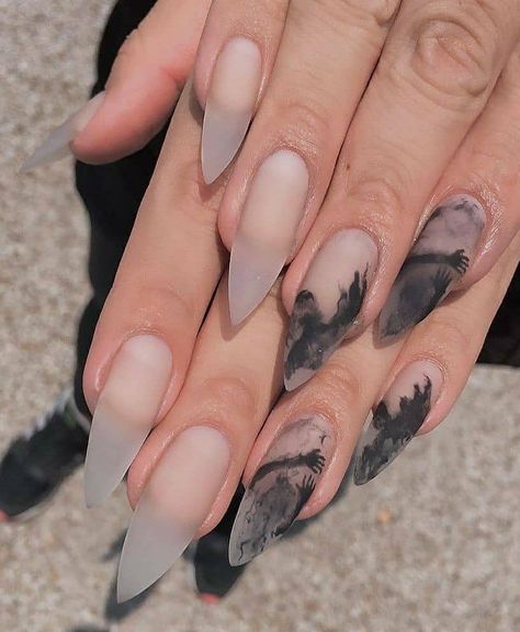 Men Acrylic Nails, Edgy Nails Black, Crystal Inspired Nails, Smoky Nails, Creepy Nail Art, Anime Nails Art, Ongles Goth, Witch Nails, Witchy Nails