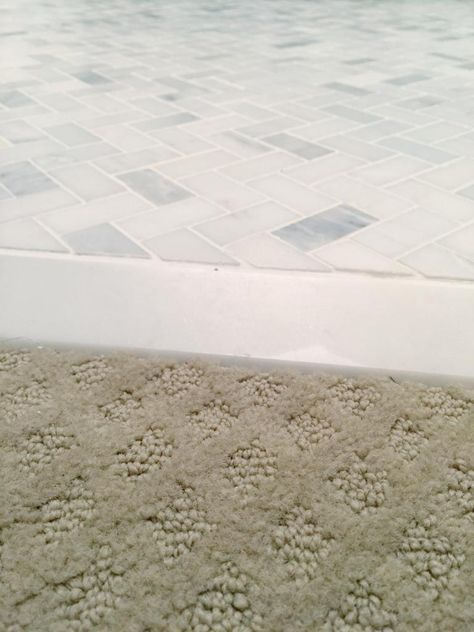 marble transition from tile to carpet- Bower Power Bathroom Threshold Transition, Carpet To Tile Transition, Marble Threshold, Wall Decor Master, Wood Look Tile Floor, Master Bath Tile, Cottage Makeover, Transition Flooring, Bathroom Condo