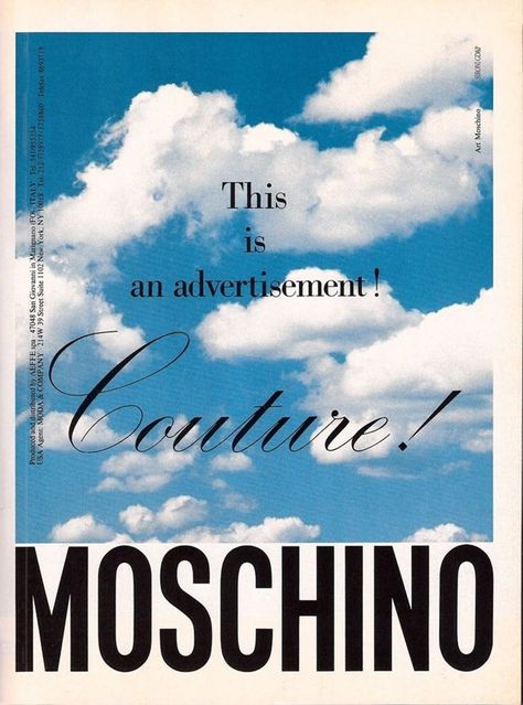 Moschino Vintage 1990s, 1990s Graphic Design, 90s Ads, Franco Moschino, Anti Fashion, Moschino Logo, Fashion Campaign, Fashion Ads, Fashion Cover