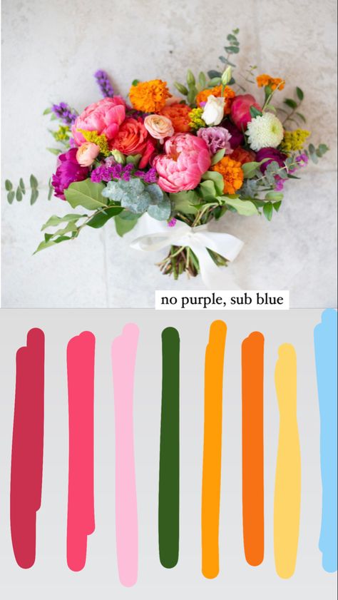 Colorful Wedding Scheme Colour Palettes, Fuschia And Orange Wedding, Bright Color Palette Wedding, Wedding Palates, Bright Summer Wedding Palette, Wedding Flower Color Palettes, Summer Wedding Colors Bright Bridesmaid Dresses, Blue Orange Pink Color Palette Wedding, Bright Colorful Wedding Palette