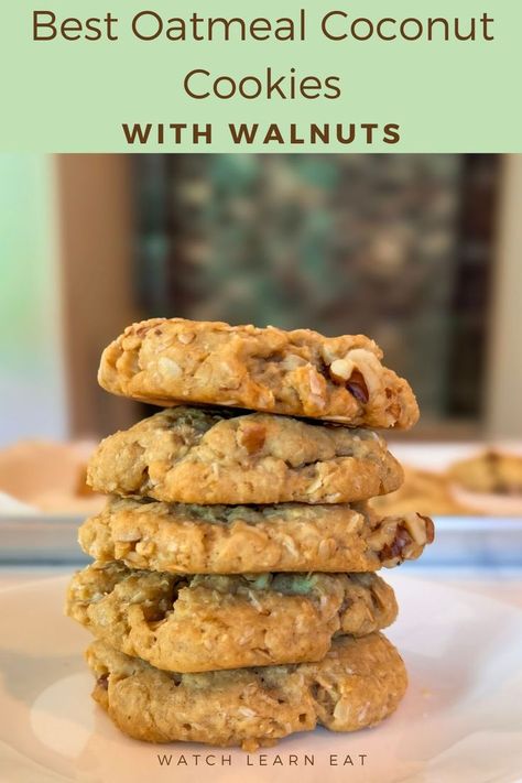 stack of oatmeal coconut walnut cookies Oatmeal Nut Cookies, Cookies With Walnuts Recipes, Coconut Oatmeal Cookies Recipes, Cookies With Walnuts, Easy Baking Recipe, Walnut Cookie Recipes, The Best Oatmeal, Oatmeal Coconut Cookies, Vegetarian Snack