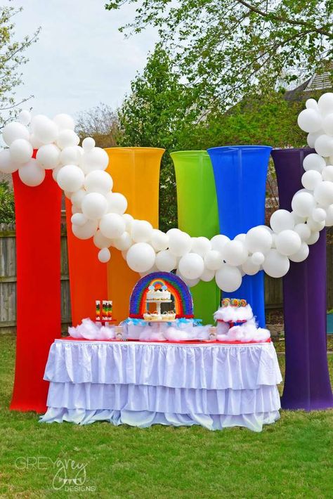 Loving the dessert table at this  bright and cheerful rainbow birthday party! The cupcakes are so cute!! See more party ideas and share yours at CatchMyParty.com #catchmyparty #partyideas #rainbowparty #rainbow #girlbirthdayparty #desserttable Disney Birthday Party Ideas, Number Balloons Birthday, Gold Birthday Decorations, Happy Birthday Balloon Banner, Zelda Birthday, Birthday Party Accessories, Girls Birthday Party Themes, Rainbow Parties, Disney Birthday Party