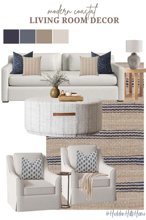 Modern coastal living room mood board with cream, navy blue, and beige tones! This living room has texture and warmth making it the perfect oasis for a lake house or a beach home Modern Living Room Beige, Cream And White Living Room, Beige Couch Living Room, New Build Interior, Coastal Living Room Decor, California Home Decor, Modern Coastal Living Room, Country Living Rooms, I Wanna Go Home