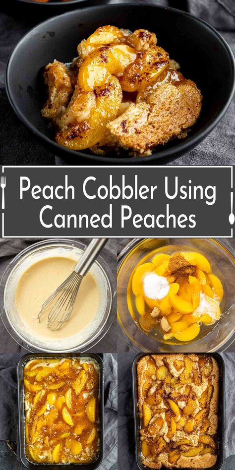 Satisfy your sweet tooth with this easy Peach Cobbler using canned peaches! This classic dessert is quick to make and absolutely delicious. Perfect for any occasion, it's topped with a golden, crispy crust and filled with sweet, juicy peaches. Serve warm with a scoop of vanilla ice cream for an irresistible treat! Best Peach Cobbler With Canned Peaches, Recipes With Can Peaches, One Pan Peach Cobbler, Canned Peach Cobbler Recipe Cake Mixes, Peach Desserts With Canned Peaches, Peach Cobbler For 2, Easy Peach Cobbler With Canned Peaches, Peach Cobbler Recipe With Canned Peaches, Canned Peach Desserts