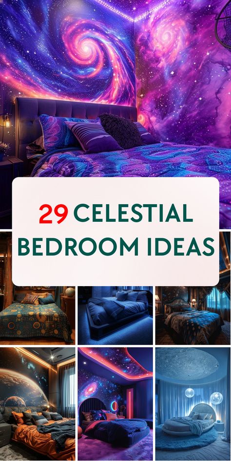 Add a touch of magic to your bedroom with these 29 stunning celestial decor ideas. From galaxy-inspired bedding to star-studded lighting, get ready to make your room shine! Star Gazing Room Ideas, Solar System Hanging From Ceiling, Galaxy Decor Bedroom Ideas, Star Projector Bedroom Aesthetic, Aquarius Bedroom Aesthetic, Space Ceiling Bedroom, Space Bedroom Girl, Moon And Star Bedroom Ideas, Star Ceiling Bedroom