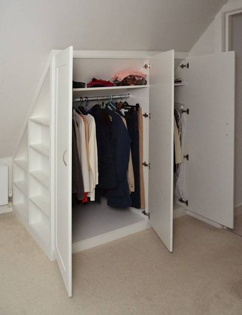 Eaves Storage Ideas, Eaves Wardrobe, Attic Closet Ideas, Hidden Cupboard, Under Eaves Storage, Angled Bedroom, Small Attic Room, Knee Walls, Cottage House Interior