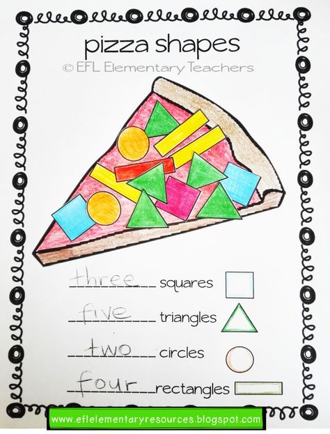 ESL food, breakfast and lunch Worksheet elementary 3: pizza shapes. More activities to do with a worksheet. Tell the children that they are going to complete the complete the pizza slice with some shapes (give them the shape template or have them make the shapes), But there are some rules. Shape Pizza Free Printable, Esl Kindergarten Activities, Esl Activities Elementary, English Activities For Kids Kindergarten, Nutrition Activities For Preschoolers, Pizza Worksheet, Esl Activities For Kids, Esl Crafts, Shapes Worksheets For Kids