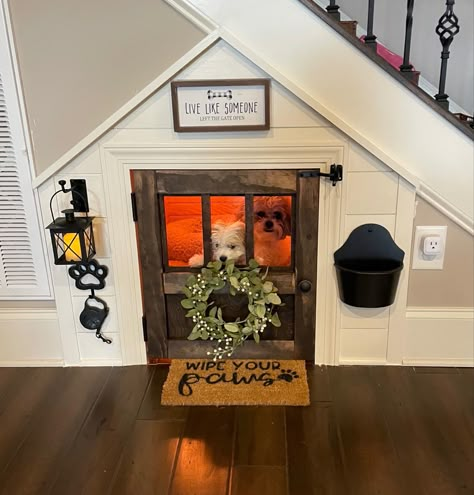 Stairwell Dog Room, Under The Stair Dog House, In Wall Dog House, Hidden Dog Room, Dog Home Indoor, Closet Dog House, Under Steps Dog Room, Dog House Inside Home, Built In Dog House In Wall