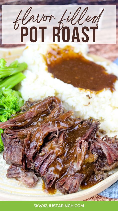 Crock Pot Flavor-Filled Pot Roast Recipe Chuck Roast In Crock Pot, Roast With Mashed Potatoes, Flavorful Pot Roast, Roast In Crock Pot, Montreal Steak Seasoning, Slow Cooker Pot Roast Recipes, Roast Gravy, Slow Cooker Pot Roast, Great Dinner Ideas