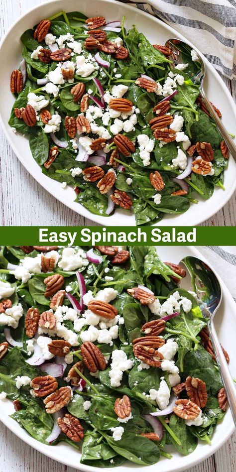 This delightful spinach salad combines tender baby spinach leaves, a flavorful vinaigrette, tangy goat cheese crumbles, and crunchy pecans. It's ready in 10 minutes! Spinach Goat Cheese Salad, Goat Cheese Crumbles, Quiche Recipes Healthy, Spinach Salad Dressing, Baby Spinach Recipes, French Vinaigrette, Baby Spinach Salads, Green Bean Salad Recipes, Salad With Goat Cheese