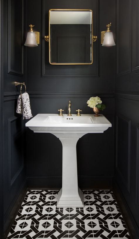 Go Bold or Go Home - Karr Bick Kitchen & Bath  #interiordesign #interiorinspiration #bathroom Black Powder Room, Powder Room Remodel, Black And White Bathroom, Small Toilet Room, Dark Bathrooms, Powder Room Decor, Downstairs Toilet, Room Refresh, Powder Room Design