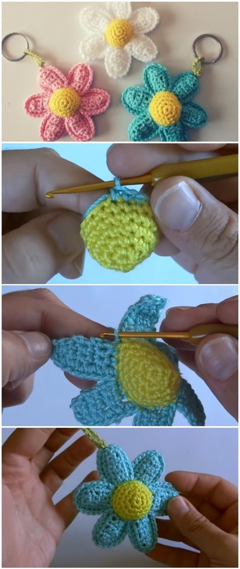 Crochet Easy Daisy Keychain Crochet Daisy Keychain, Crochet Amigurumi Keychain, Daisy Keychain, Beau Crochet, Confection Au Crochet, Crochet Keychain Pattern, Crocheted Flowers, Crochet Easy, Pola Amigurumi