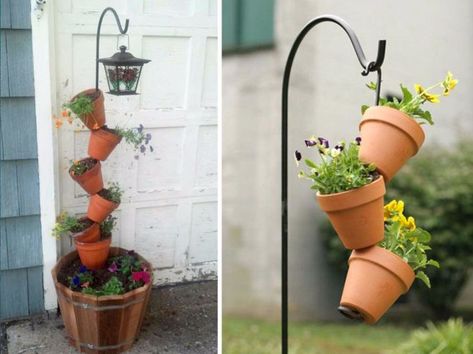 Looking for a way to spruce up your regular planters? This is the article you've been waiting for! Stacked Terra Cotta Planters, Stacking Terra Cotta Pots, Tilted Planter Flower Pots, Hanging Terra Cotta Pots, Stacked Flower Pots Diy Tiered Planter, Stacked Planters, Diy Tiered Planter, Stacking Planters, Quirky Garden Ideas