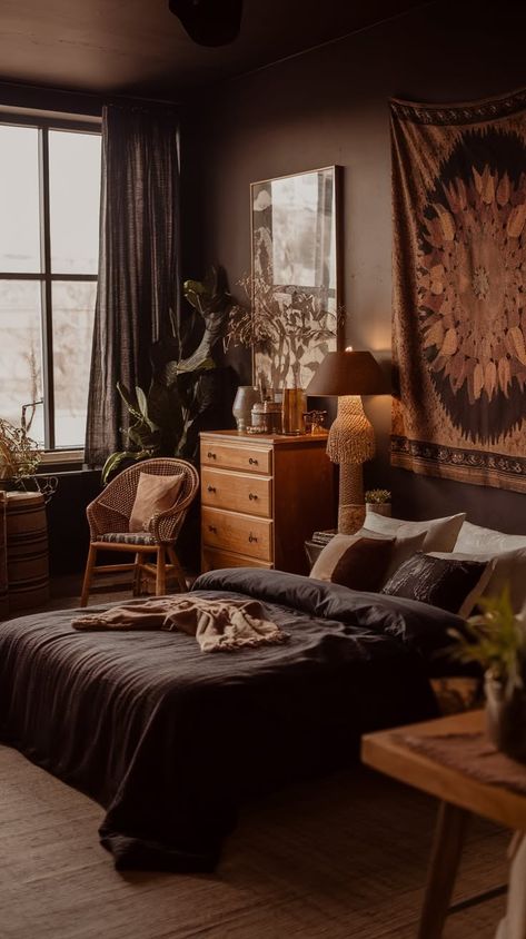 40+ Dark Boho Bedroom Ideas That Tell Stories Dark Studio Apartment, Boho Bedroom Black, Dark Western Bedroom, Dark Bedroom Ideas Cozy, Dark Boho Bedroom Ideas, Desert Bedroom, Dark Bedroom Ideas, Cool Loft Beds, Dark Boho Bedroom