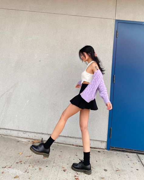 📼 no Instagram: “I dream and think in lilac @revolve #revolveme” Spring Streetwear Chunky Platform Boots, Purple Skirt Outfit Aesthetic, Purple Acubi Outfit, Dr Martin Outfits Women, Dr Marten Outfits, Purple Indie Outfit, Dr Martins Outfits, Korean Street Fashion Purple, Sweater Skirt Outfit