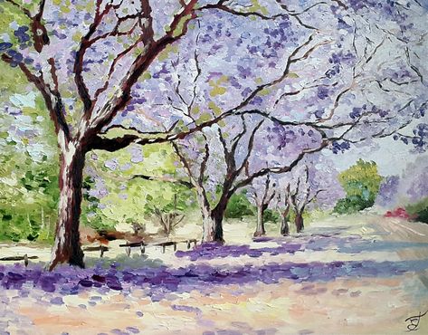 Jacaranda Tree Painting, Australian Artwork, Tree Painting Easy, Tree Drawings, Beginners Landscaping, Easy Flowers, Jacaranda Tree, Electric Box, Blooming Trees