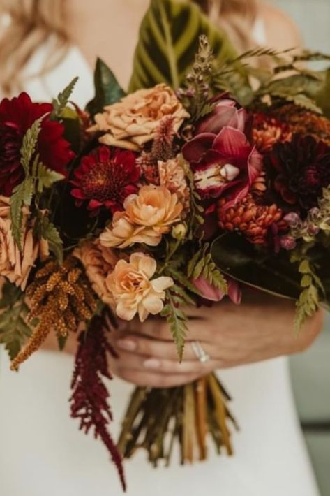 tropical fall bridal bouquet with dark moody blooms and dark tropical greenery Moody Tropical Wedding, Moody Tropical, Terra Cotta Wedding, Tropical Bridal Bouquet, Fall Bridal Bouquet, Dark Tropical, Tropical Greenery, Tropical Bridal, Bridal Bouquet Fall