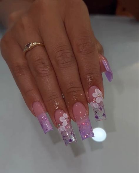 Purple Nails With 3d Flowers, Cute Purple Acrylic Nails, Purple Nail Sets, Purple Quinceanera Nails, Purple Nails With Flowers, Purple Flower Nails, Prom 2k24, Acrylic Nail Designs Classy, Acrylic Nails Almond Shape