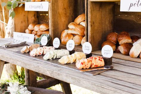 Bread Galore! Unique Wedding Food, Wedding Food Bars, Wedding Food Display, Wedding Food Ideas, Bread Bar, Wedding Snacks, Rustic Bread, Flavored Butter, Reception Food