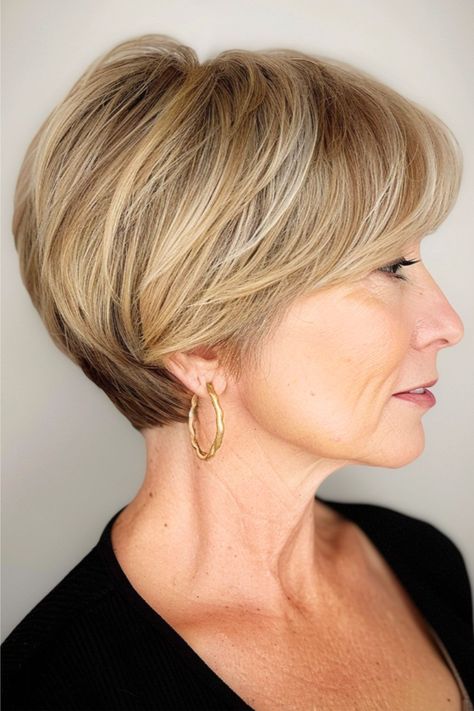 Bixie with Bangs Short Hairstyle for Women over 60 with Fine Hair. Short Hairstyles That Cover Ears, Stacked Short Bob Haircut, Feathered Pixie Bob, Short Hair Back View Neckline, Short Layered Bobs For Fine Hair, "bixie" Hairstyles, Short Hair Tucked Behind Ears, Short Short Bob, Short Hair Styles For Thinning Fine Hair