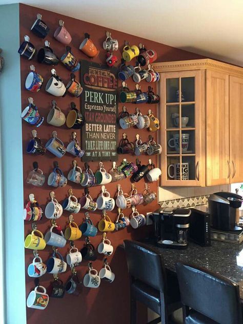 Cup And Mug Organization Cabinet, Cup Stand In Kitchen, What To Collect Ideas, Starbucks Cabinet, Mug Cupboard, Mug Wall Display, Mug Display Ideas, Mugs Hanging, Coffee Mug Wall