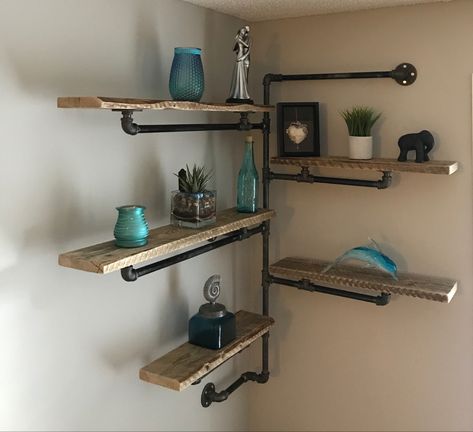 Industrial Pipe Shelves Corner, Pipe Shelves Corner, Steam Punk Shelves, Bar Shelf Ideas, Steampunk Shelves, Industrial Pipe Decor, Steampunk Office, Pipe Shelving, Barn Tin