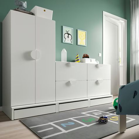 SMÅSTAD / UPPFÖRA Wardrobe, white white/with 2 chests of drawers, 707/8x221/2x531/2" - IKEA Ikea Kids Dresser, Childrens Wardrobes, Ikea Kids Room, Ikea Wardrobe, Ikea Kids, Ikea Bedroom, Plastic Shelves, Basket Shelves, Boy's Bedroom