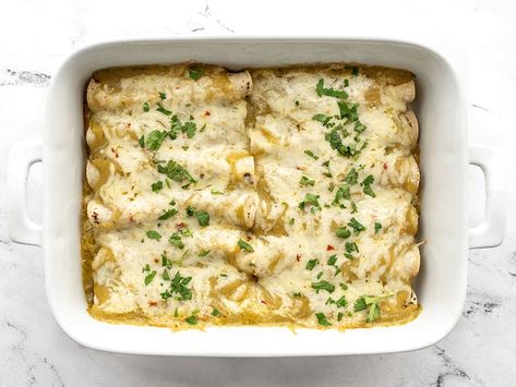 Green Chile Chicken Enchiladas Recipe - Budget Bytes Green Chile Chicken Enchilada Casserole, Casserole Enchilada, Chili Chicken Enchiladas, Enchiladas Corn Tortillas, Green Chili Chicken Enchiladas, Toasted Corn, Green Enchiladas, Enchiladas Chicken, Green Chile Enchilada Sauce