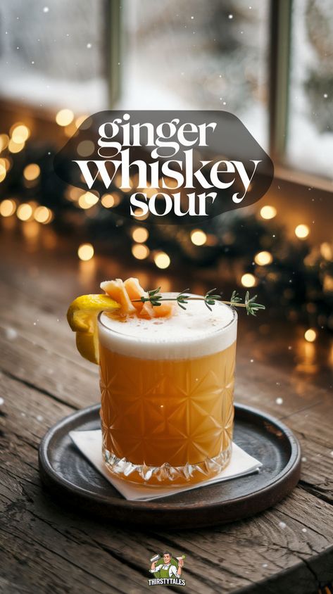 "Discover the perfect Ginger Whiskey Sour Cocktail Recipe that adds a spicy twist to the classic Whiskey Sour. This refreshing drink combines smooth whiskey with zesty ginger for a unique flavor experience. Ideal for cocktail enthusiasts, this Whiskey Sour Recipe is a must-try! Explore more Cocktail Recipes Whiskey and elevate your mixology skills with this delightful Whiskey Cocktail. Perfect for any occasion, this Whiskey Sour will tantalize your taste buds and impress your guests.!" Whiskey Ginger Beer Cocktail, Whiskey Sour Christmas, Christmas Whiskey Sour, Rumhaven Cocktails, Jim Beam Cocktails, Smoked Whiskey Cocktails, Holiday Whiskey Cocktails, Whiskey Sour Egg White, Whiskey Sour Punch