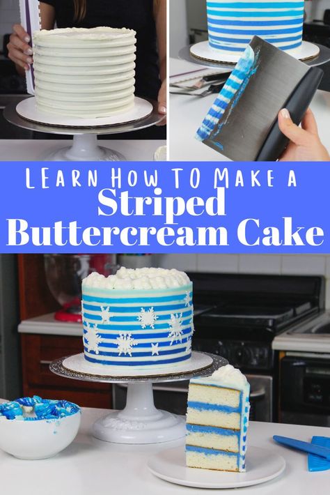 Striped Buttercream Cake, Easy Minecraft Cake, Striped Cake, Smores Cake, Frosting Techniques, Icing Techniques, Wilton Cake Decorating, Frosting Tips, Vanilla Buttercream Frosting