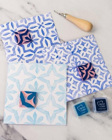 Block Print Tile Patterns – Lou Davis Block Printing Pattern, Lino Block Printing, Block Printing Ideas Design, Block Printing Ideas, Tile Stamp, Block Printing Designs, Block Stamping, Block Print Designs, Print Making Designs