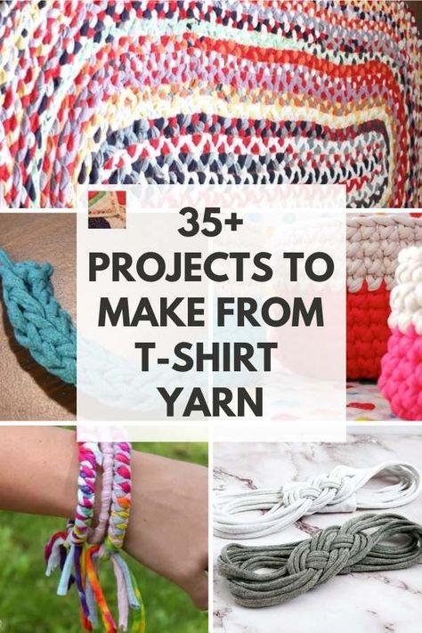 T Shirt Basket, Crochet Tshirt Yarn Pattern, Crochet T Shirt Yarn Projects, Tshirt Yarn Crochet Patterns, T Shirt Yarn Projects, Tshirt Yarn Projects, Tee Shirt Rug, Tee Shirt Crafts, Upcycling Crafts