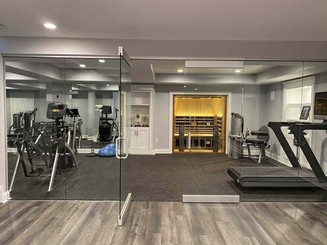 Sauna In Home Gym, Dream Home Gym Luxury Fitness Rooms, House Gym Room, Home Gym With Sauna, Gym With Sauna, Gym Door, Dog House Plan, Sauna Ideas, Luxury Home Gym