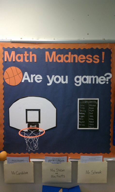 I used this board to practice PSSA math skills during March and connected it with basketball and March Madness. At the end of each week students shot one basket for each math page they completed correctly. The leader in points each week won a prize. I had 3 pages per student and 1 bonus available each week. The pages were based on the students individual math levels Math Poster Design, March Madness Bulletin Board, Basketball Classroom, March Math, Math Bulletin Boards, Sports Theme Classroom, Math Night, Math Classroom Decorations, Sports Classroom