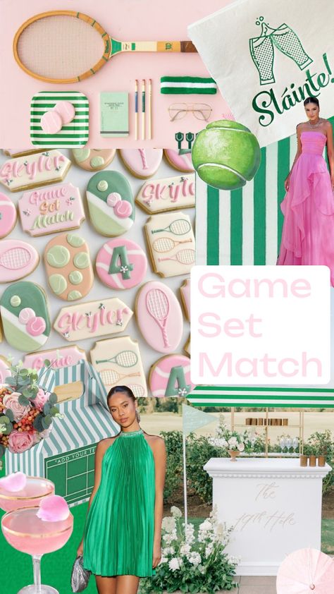 Bridal Shower Theme! Game, Set, Match! 🎾💚💗 Tennis Themed Bachelorette Party, Tennis Bachelorette Party, Game Set Match, Tennis Party, Bid Day Themes, Bachelorette Themes, Ball Party, Pickle Ball, Beach Tennis