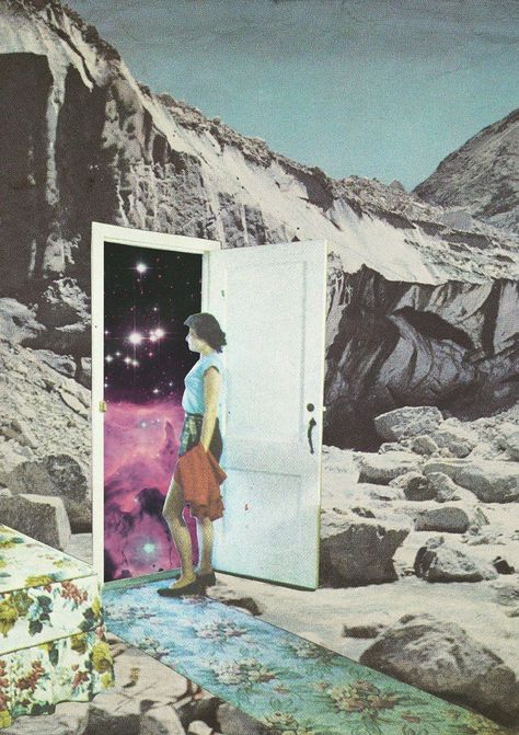 Walking into a different world behind the door #collage #art Surreal Collage, Max Ernst, Rene Magritte, Joan Miro, Retro Futurism, Art Journals, Surreal Art, Art Plastique, Digital Collage