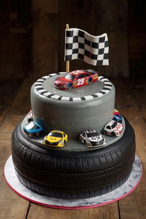 Checkered Flag Delight: A Cake for NASCAR Fans Race Car Birthday Party Cake, Nascar Cake Ideas, Nascar Birthday Party Ideas, Race Car Birthday Party Ideas Cake, Car Theme Cake For Men, Racetrack Cake, Car Themed Cake, Nascar Cake, Nascar Birthday