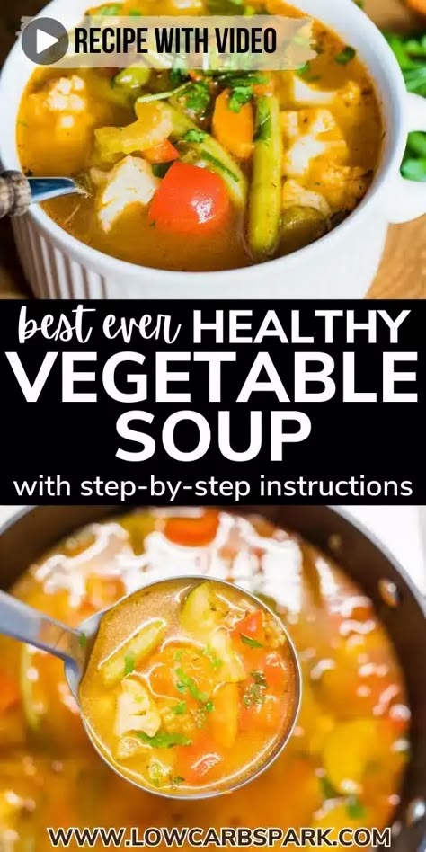 This healthy vegetable soup is packed with vegetables, incredibly comforting, filling, and remarkably easy to prepare. Simply chop all the vegetables, simmer for a few minutes, and savor a generous bowl of homemade low-carb vegetable soup. Low Fiber Vegetables, Keto Vegetable Soup, Optifast Recipes, Low Calorie Vegetable Soup, Veggie Stew Recipes, Low Carb Beef Stew, Healthy Vegetable Soup, Creamy Pumpkin Soup Recipe, Veg Soup Recipes