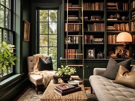 Mini Library Small Spaces, Cozy Library Aesthetic, Academia Interior, Home Library Ideas, Dream Home Library, Cozy Home Library, Home Library Rooms, Library Living Room, Cozy Library