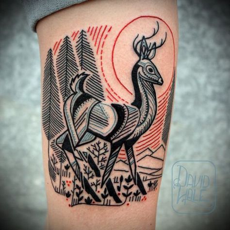 25 Illustration style Deer Tattoo on Thigh Velociraptor Tattoo, Tattoo Hummingbird, Deer Tattoo Designs, David Hale, Hawk Tattoo, Petit Tattoo, Deer Tattoo, Tatuaje A Color, Great Tattoos