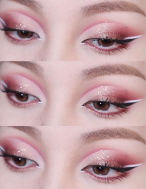 Pink Gem Eye Makeup, White And Pink Eyeliner, Make Up Pink Natural, Pink Valentine’s Day Makeup, Pink Makeup For Prom, Hooded Eyeshadow Looks, Makeup Art Simple, Pink And White Eyeshadow, Valentine’s Day Eyeshadow