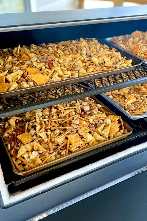 Smoked Chex Mix Traeger Snack Recipes, Smoked Chex Mix Recipes, Smoked Chex Mix Recipes Original, Pit Boss Pellet Smoker Dessert Recipes, Smoked Snack Mix Recipes, Smoked Queso Dip On Pellet Grill, Chex Mix Recipes Spicy, Savory Chex, Savory Chex Mix