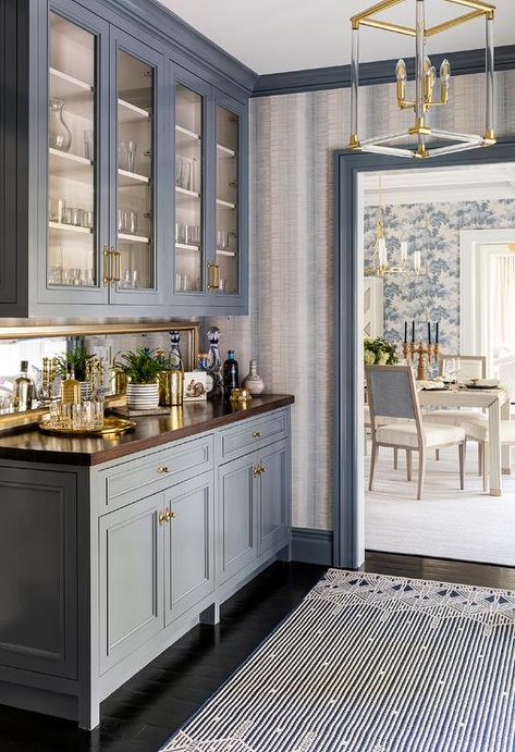 Grey Striped Wallpaper, Pantry Wallpaper, Blue Boys Bedroom, Brown Headboard, Houston Houses, Living Room Mantel, Creative Flooring, Pantry Doors, Glass Front Cabinets