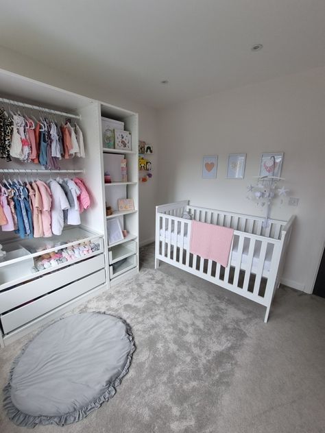 Pastel Nursery with Open Wardrobe with Book Shelve and Cot Mobile Nursery Open Wardrobe, Nursery Wardrobe, Pastel Nursery, Open Wardrobe, Cot Mobile, Nursery Inspo, Cribs, Toddler Bed, Nursery