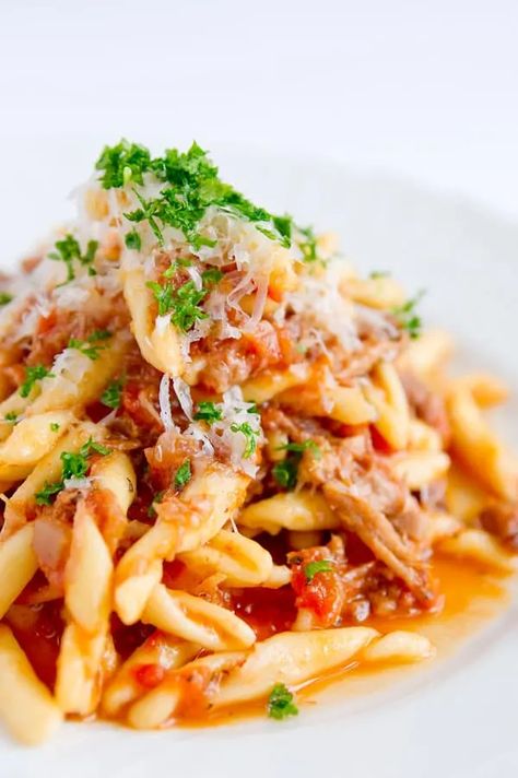 tablespoon vegetable oil680 grams pork shoulder2 large cloves garlic (minced)1 medium onion (diced)1/2 carrot (small dice)2/3 cup red wine3 cups tomatoes (peeled, seeds removed and chopped)1 bay leaf3 sprigs fresh thyme450 grams Strozzapreti (or other short pasta, boiled according to package directions)Parmigiano-Reggiano (for serving) STEPS Generously salt and pepper the pork. Heat a heavy pot just large enough to fit the pork over medium heat. Add the oil, then add the pork. Fry until golden Pork Sugo, Strozzapreti Pasta, Slow Cooked Pork, Small Pasta, Sauteed Vegetables, Easy Pasta Recipes, Slow Cooked, Italian Dishes, Easy Pasta